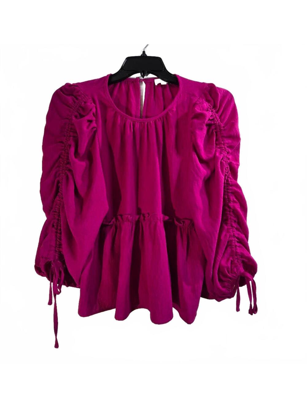 Oddy Magenta Long Sleeve Ruffle Peplum Blouse with Ruched Sleeves Size S